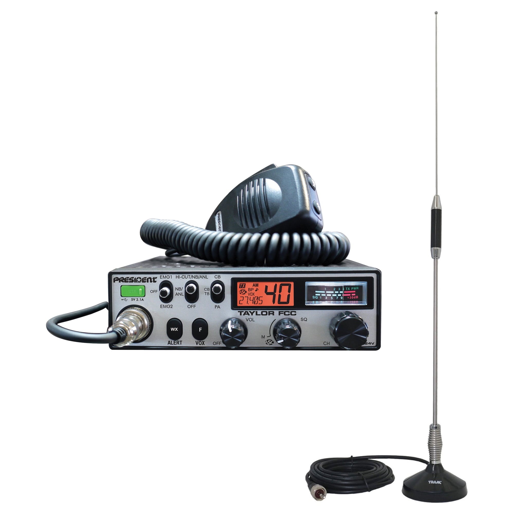 Group President Electronics TXUS403 Taylor FCC 12/24v CB Radio & Tram 703-HC Center CB Antenna Kit