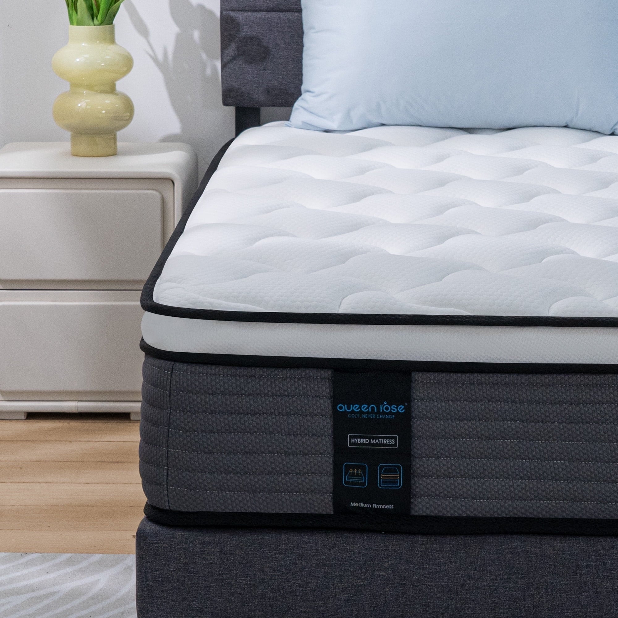 12'' Queen Hybrid Mattress, QUEEN ROSE Hybrid Firm Mattress in Camcorder Box with Gel Memory Foam, Individually Wrapped Pocket Coils Innerspring, Pressure-Relieving and Supportive, Mattress Queen Size