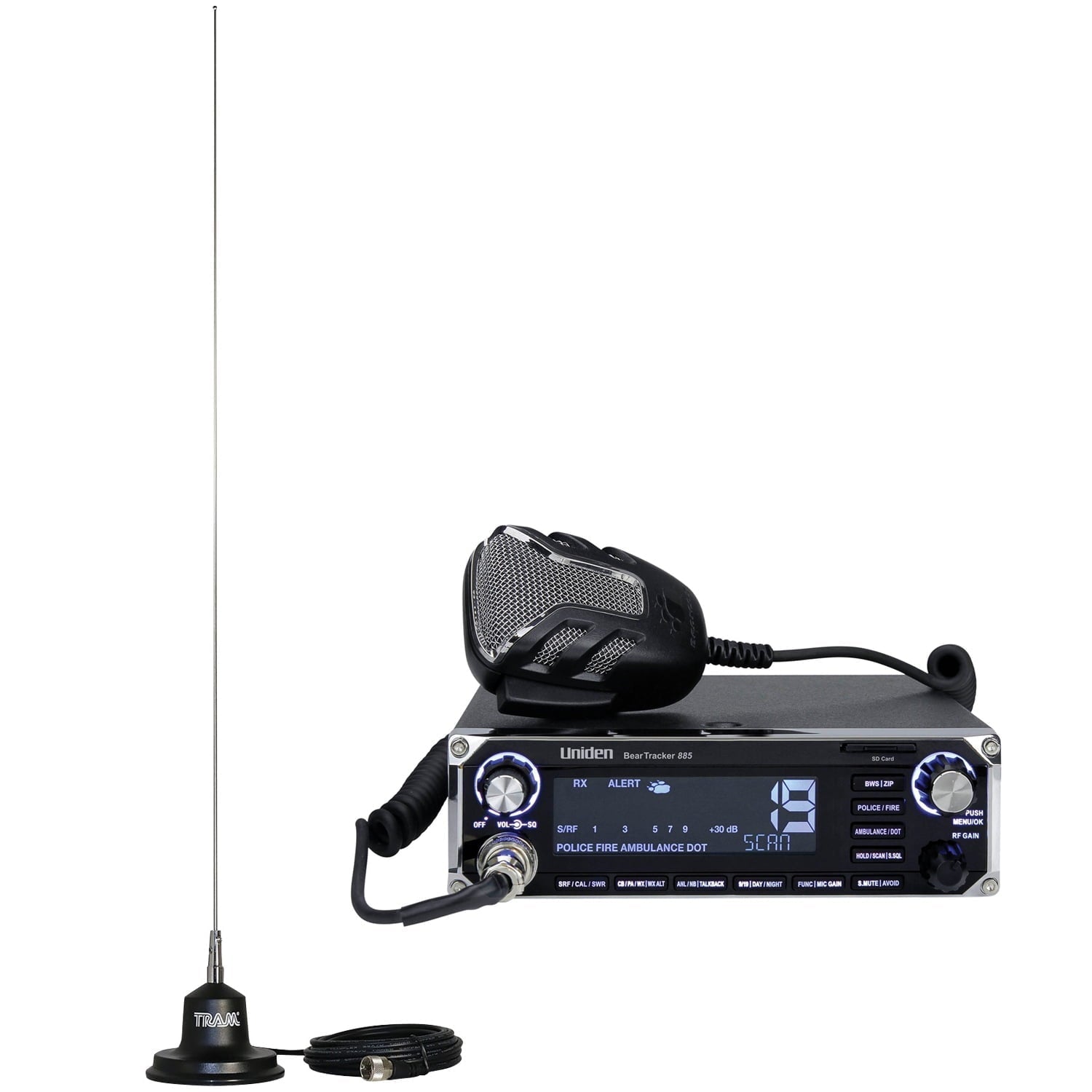 Uniden BearTracker 885 Hybrid CB Radio/Digital Scanner & TRAM 300 CB Antenna 4-Inch Magnet Kit with RG58 Coax and Rubber Boot