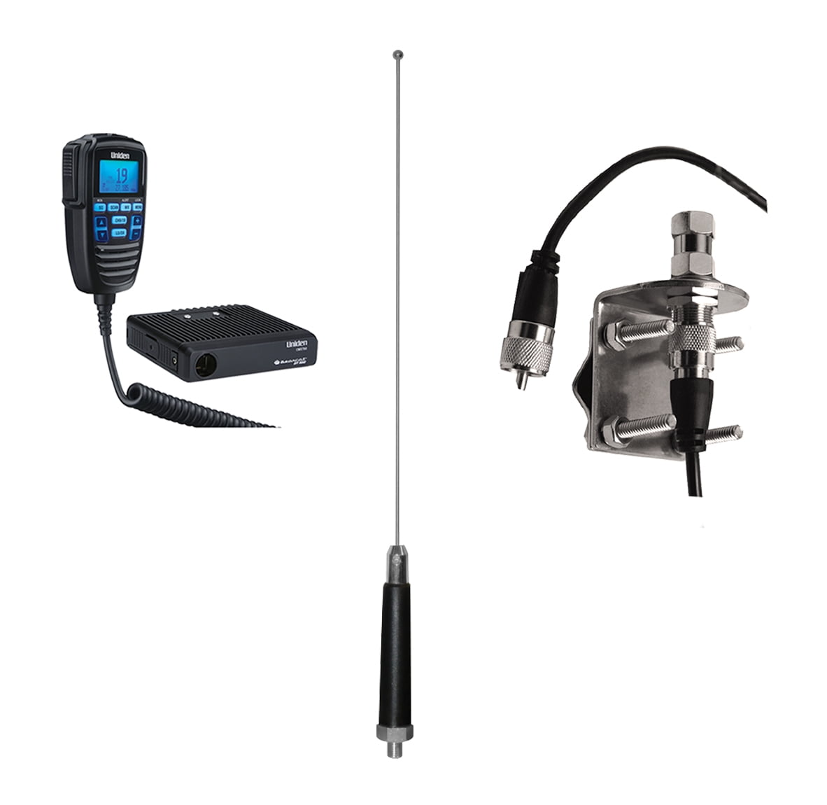 Uniden CMX760 40-CH Off-Road Compact CB Radio, Tram NH-4-HC Heavy-Duty Steel CB Antenna & Browning BR-MM-18 Mirror-Mount Kit