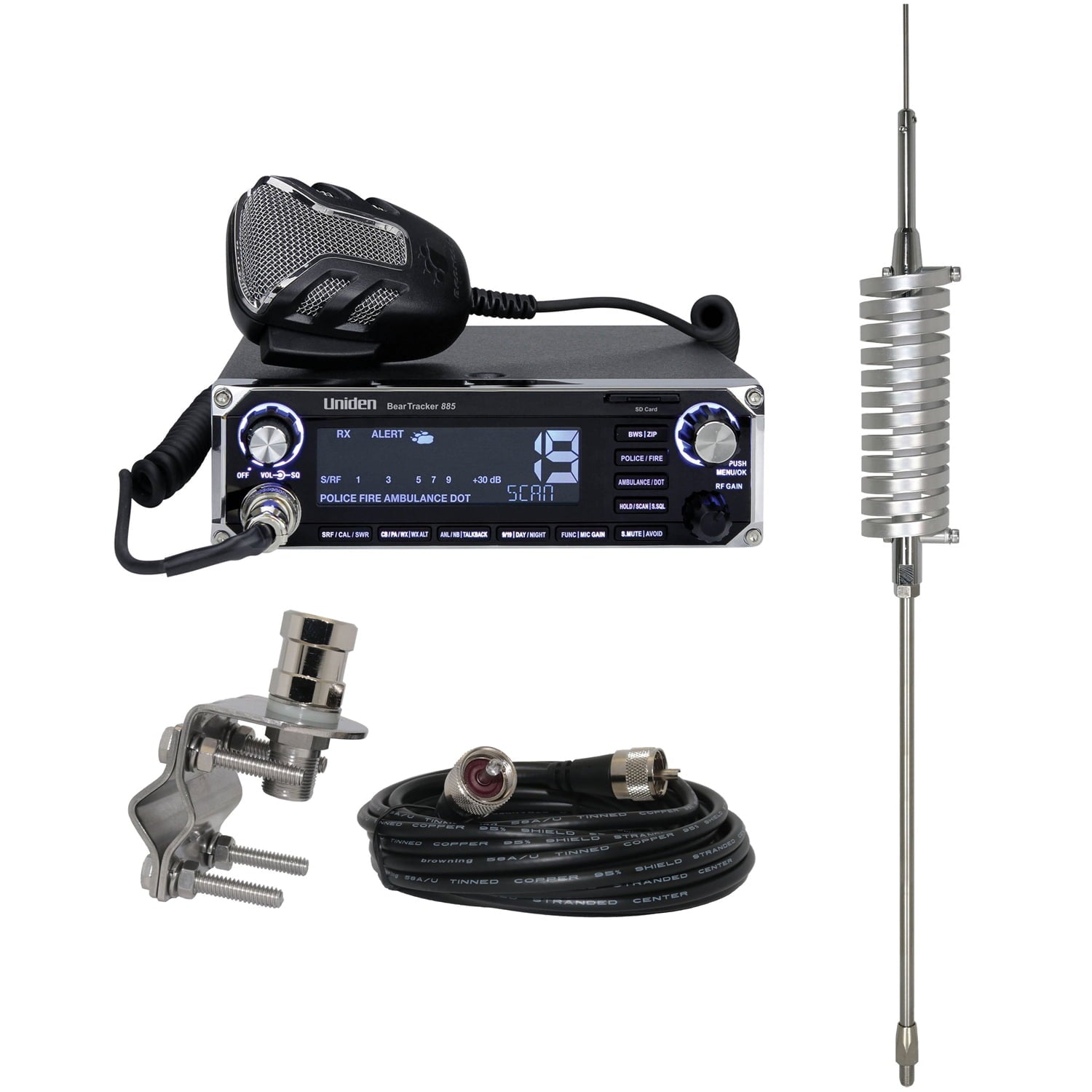 Uniden Bear Tracker 885 Hybrid CB Radio/Digital Scanner & TRAM 3500 CB Antenna 5-Inch Magnet Kit with RG8X Coax and Rubber Boot