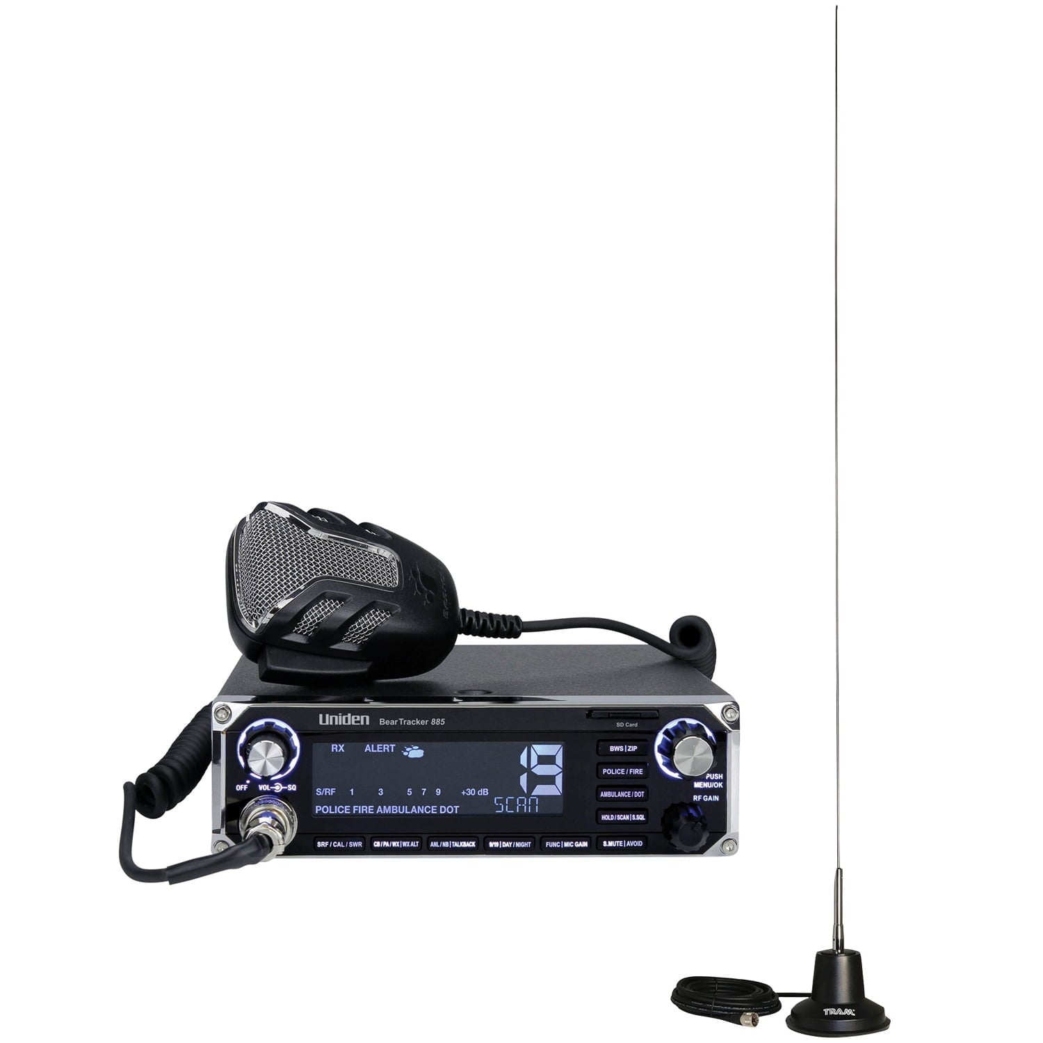Uniden BearTracker 885 Hybrid CB Radio/Digital Scanner & TRAM 3500 CB Antenna 5-Inch Magnet Kit with RG8X Coax and Rubber Boot