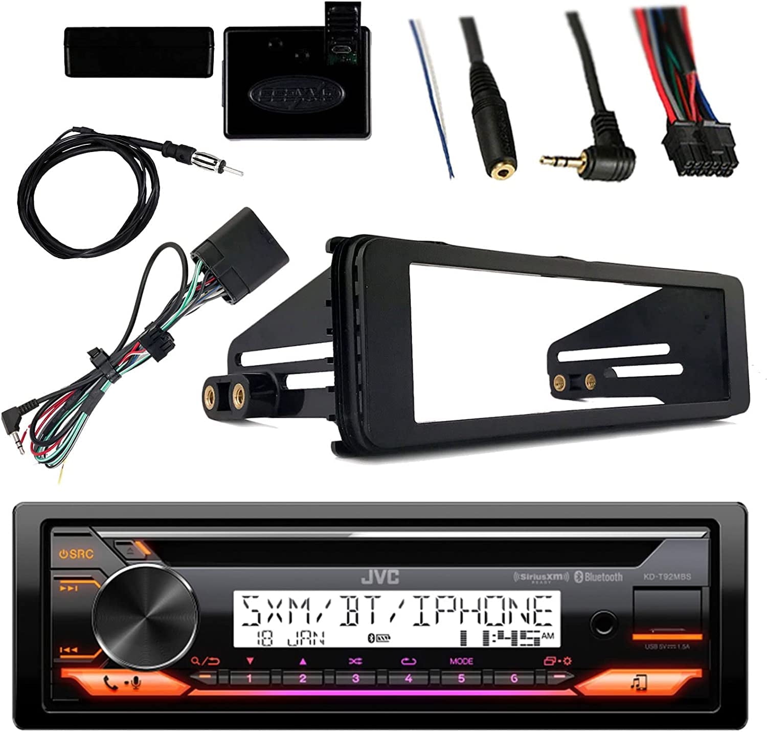 JVC Marine Radio Bluetooth Bundle with Dashboard Kit Handle Bar Control Antenna For 1998-13 Harley Davidson Motorcycle Touring Flht Flhx Flhtc