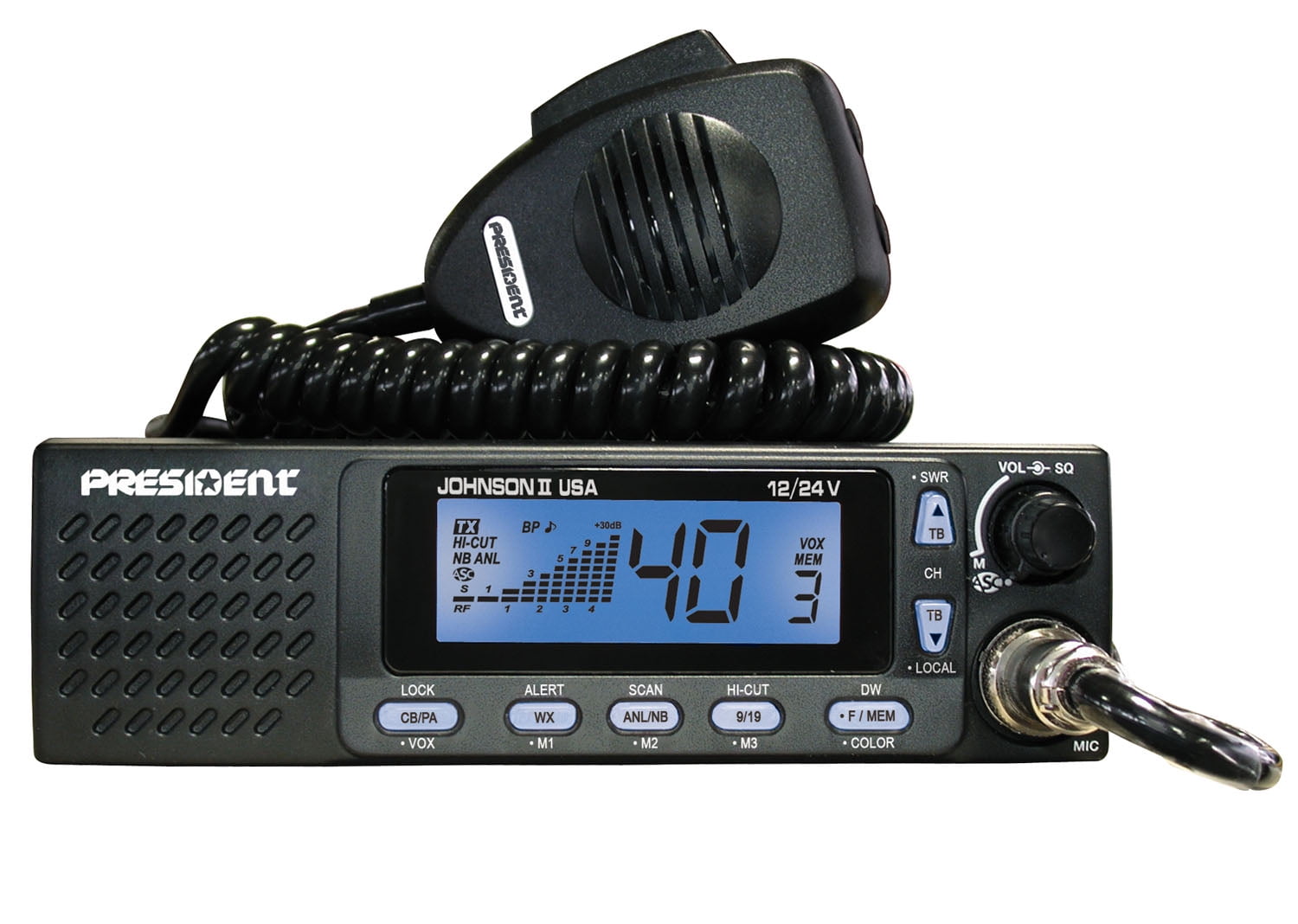 President Johnson II TXUS667 40-Channel CB Radio 12/24v Mobile 3 Color Display