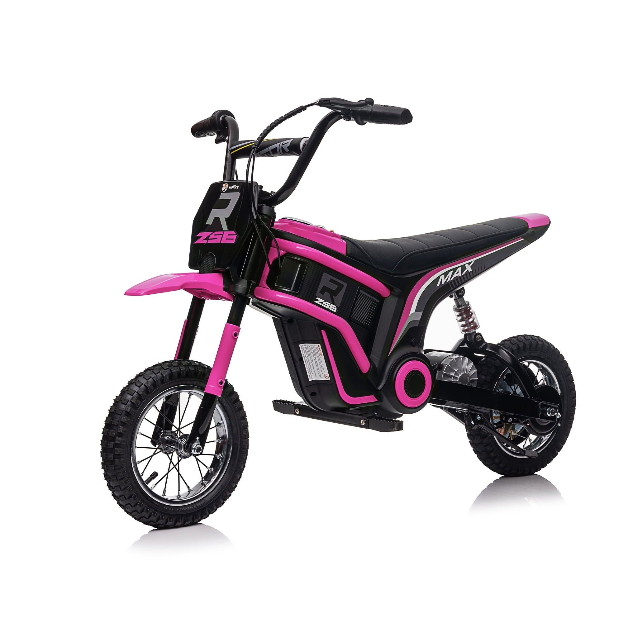 BISHE 24V Electric Kids Motocross Motorcycle Dirt Bike, Motocross Bike Geometry, XXL Large, Dual Suspension, Hand-Operated Dual Brakes, Twist Grip Throttle, Pink