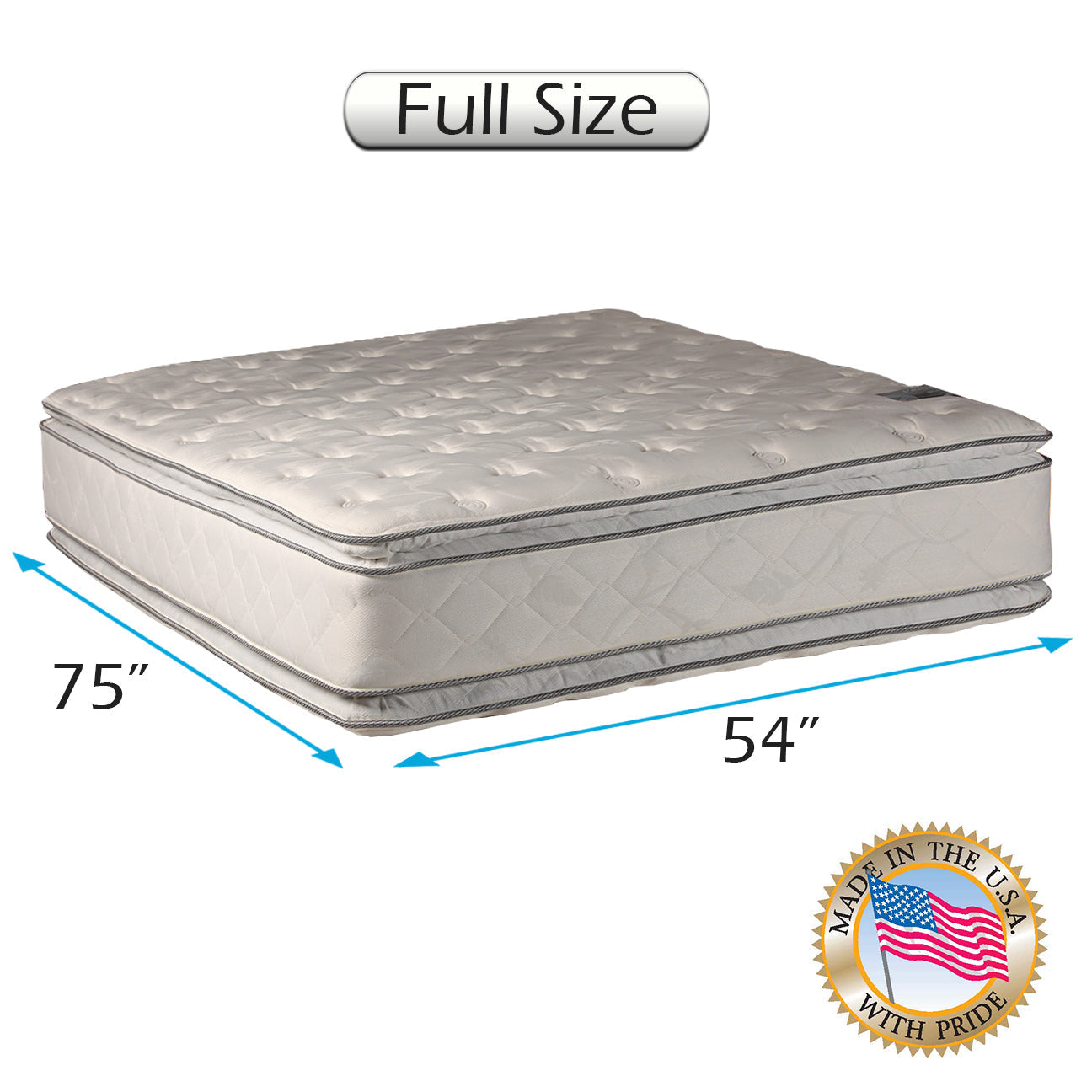 Dream Sleep Princess Gentle Plush Full PillowTop Two-Sided Mattress Only with Bed Frame Included - Quilted Fabric, Orthopedic, Sleep System Support, Longlasting by Dream Solutions USA