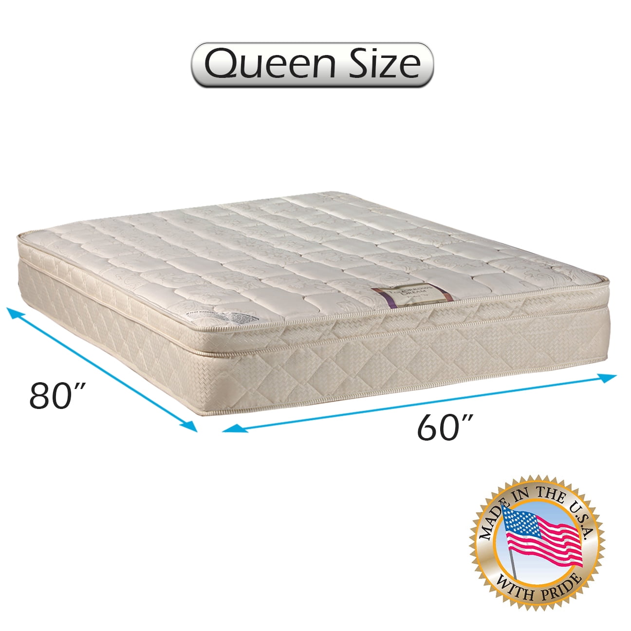 Dream World Inner Spring Pillowtop (Eurotop) Mattress Only Queen Size (60 x80 x10 ) - Medium Soft, Fully assembled, Orthopedic, Good for your back, Superior Standard by Dream Solutions USA