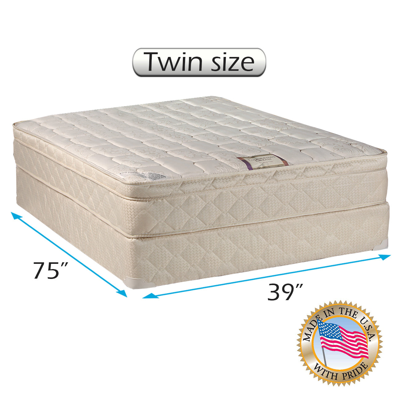 Dream Sleep Dreamy Collection Pillow Top (Eurotop) Mattress Set with Mattress Cover Protector - Medium Firm, Quilted Fabric, Premium Edge Guards, Longlasting by Dream Solutions USA (Twin 39 x75 x10 )