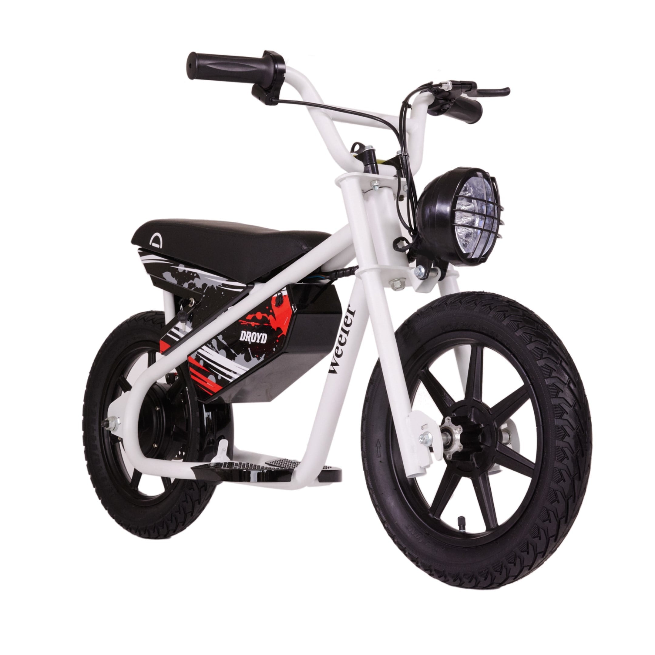Droyd Weeler Electric Mini Bike - Electric Bike for Kids Ages 6 & Up - 200W Electric Bike Perspective 6.2-10MPH up Screen 8 Miles , 24V 8Ah Battery- White