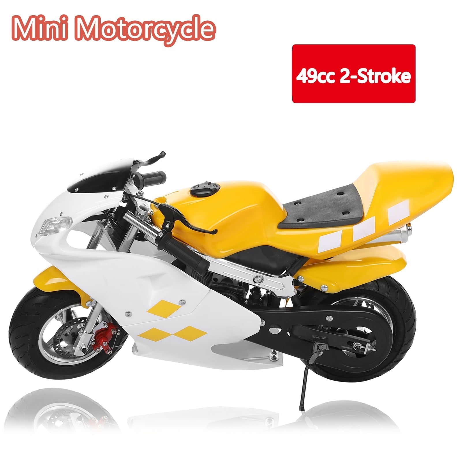 Hiecau 49cc 2 Stroke Pocket Bike, Mini Motorcycle for Kids, Gas Pocket Motorbike with Strong Dual Brake, Racing Max Speed 20Mph, Dual Headlights-White & Yellow