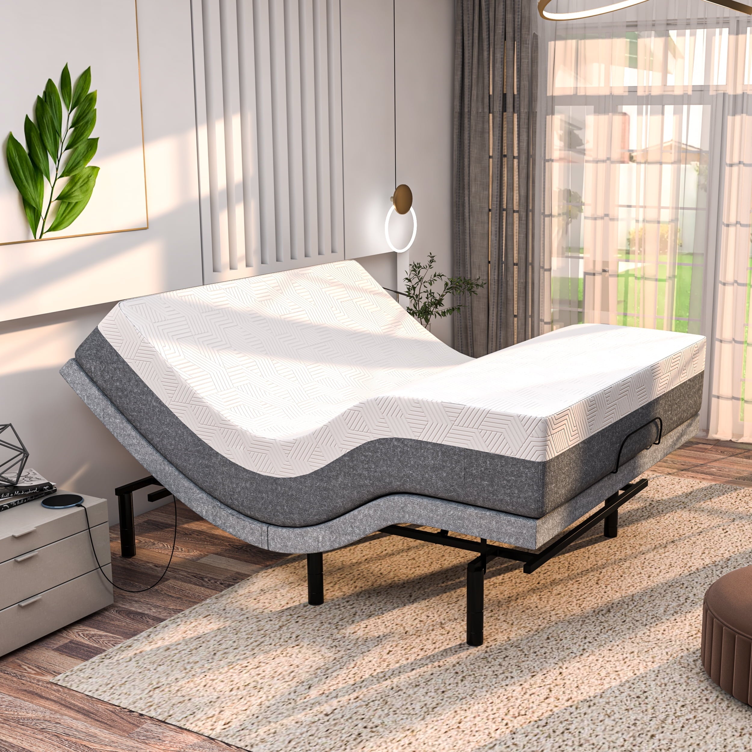 Renanim Premium Adjustable Bed Base + 14 Twin XL, Medium Firm Gel Memory Foam Mattress, Dual Massage, USB Ports, App Control, Underbed Light & Wireless Remote