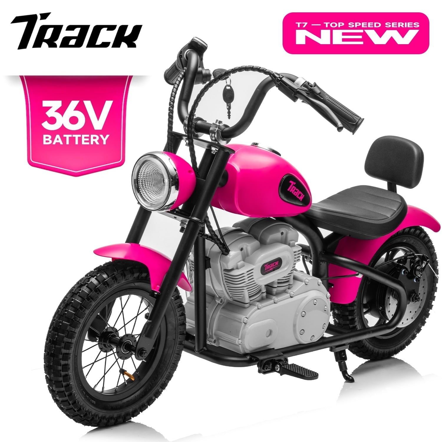 Track 7 36V Electric Dirt Bike for kids, 350W Ride Screen Motorcycle with Twist Grip Throttle, Hand-Operated Brakes, Key Start, Off-Road Motocross Speed Up Screen 15 MPH, Age 8+, Pink