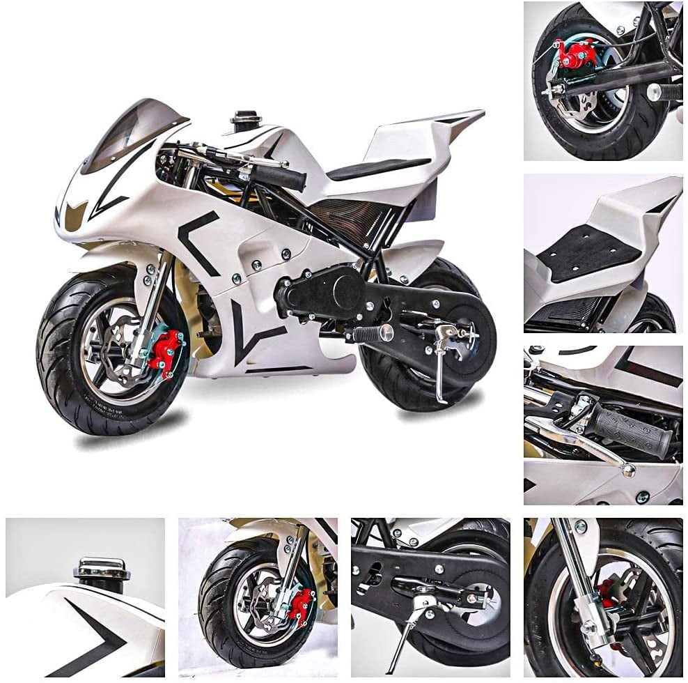 FRP 4 Stroke Pocket Bike 03, Pocket Bike for Kids W/ Strong Dual Brake, Realistic Racing Pocket Rocket Max Speed 20 Mph, Mini Bike Max Weight 165 LB-Ultra Edition, White