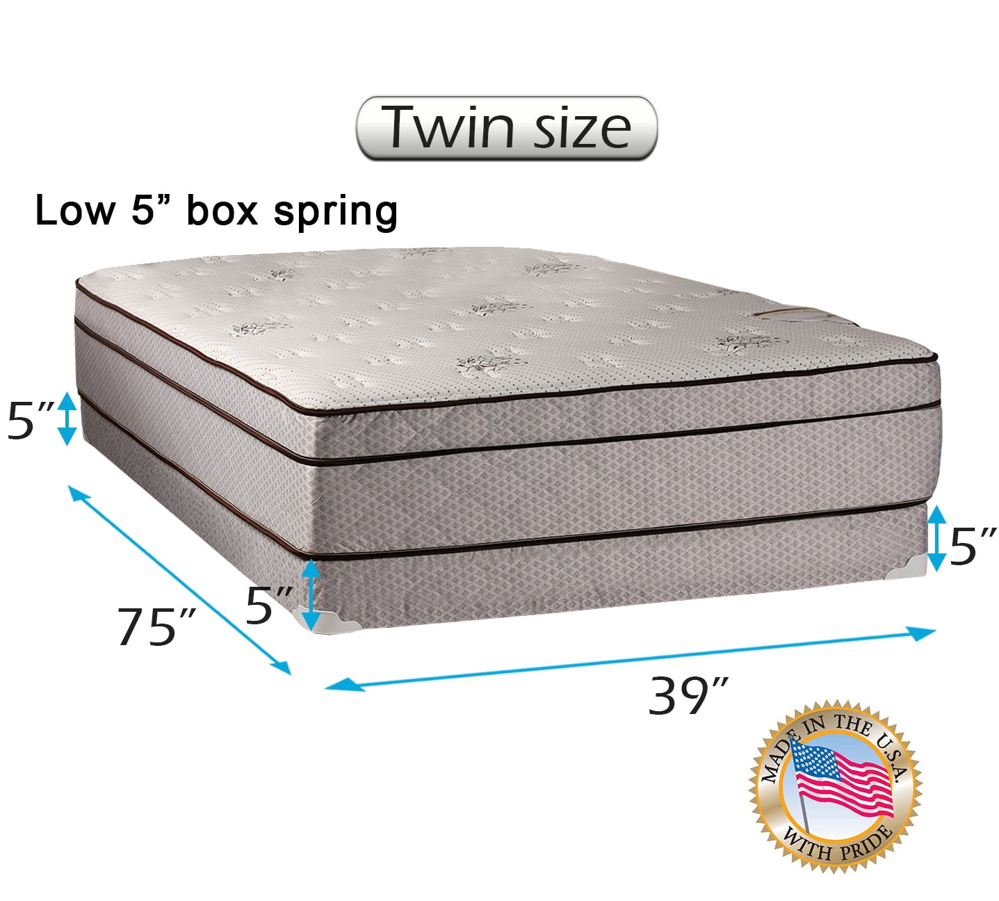 Dream Sleep Fifth Ave Extra Soft Foam (PillowTop) Eurotop Mattress & Low 5 Height Box Spring Set with Mattress Protector Included - Spine Support, Fully Assembled, Longlasting (Twin 39 x75 x13 )