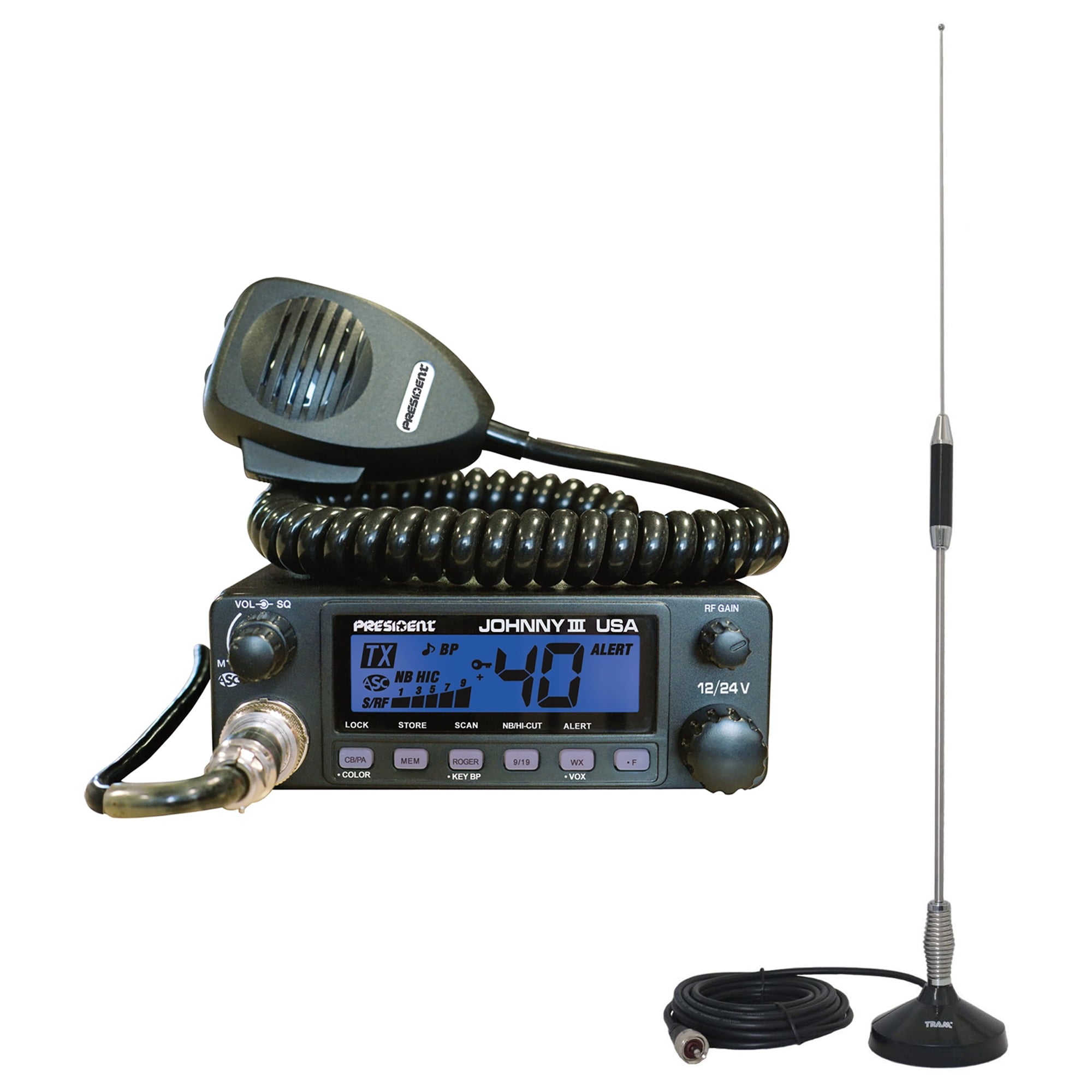 President Electronics TXUS653 Johnny III USA CB Radio & Tram 703-HC Center CB Antenna Kit
