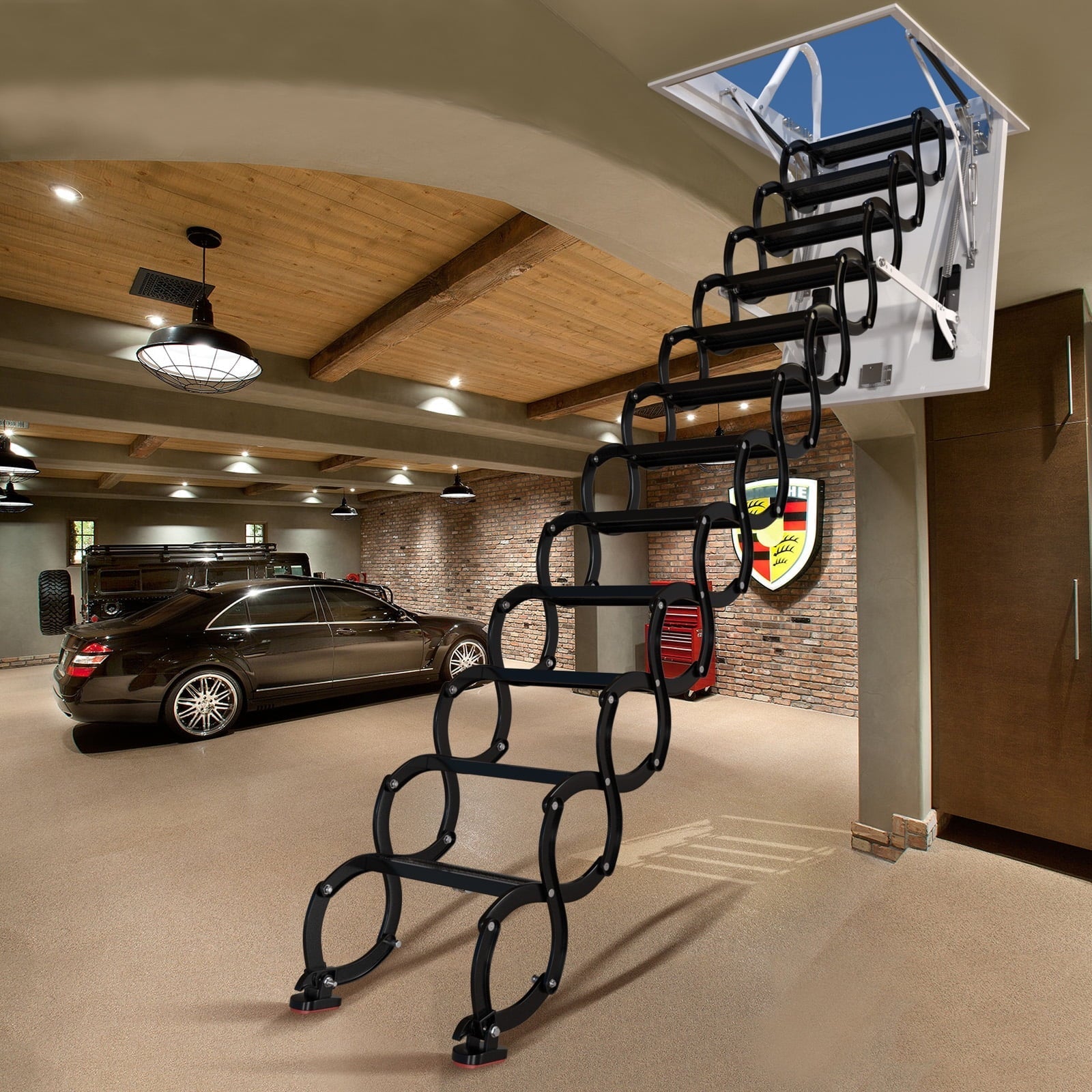 Mad Hornets Wall Mounted Folding Ladder Black Loft Attic Stairs Pull down 12 Steps